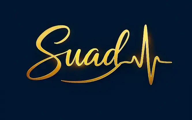 Logo featuring the name "Suad" in elegant gold cursive with an ECG heartbeat line extending from the final letter, symbolizing vitality and creativity, set against a dark background.