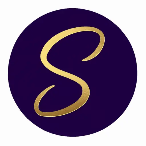 Circular icon featuring a gold cursive "S" on a deep purple background, symbolizing elegance and digital identity.